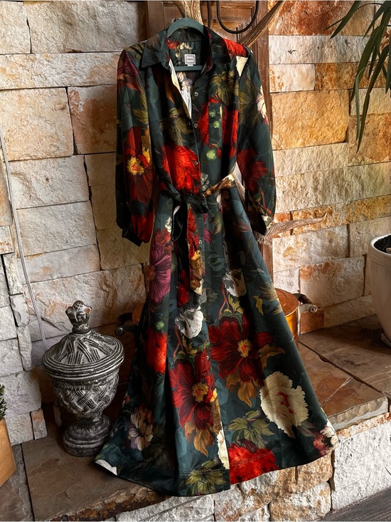 Maeve Dresses & Skirts - Maeve Dark Green Floral Maxi Dress with Red & Cream Blooms